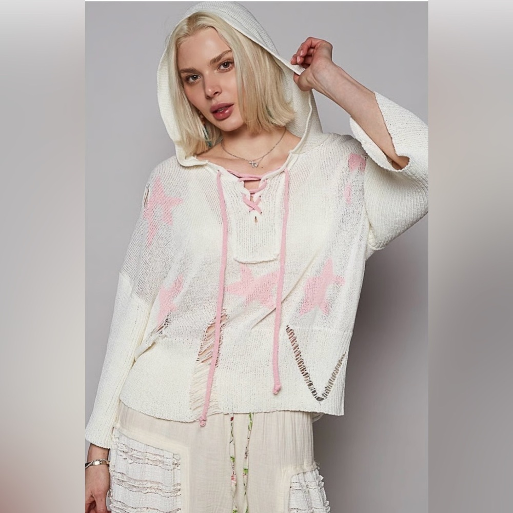 NEW POL Cream w/ Pink Star Patterned Thin Sweater Distressing Lace Up Size Small